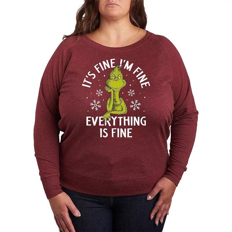 Plus Size Dr. Seuss Grinch It's Fine I'm Fine French Terry Long Sleeve Tee, Women's, Size: 4XL, Grey Dark Red Product Image