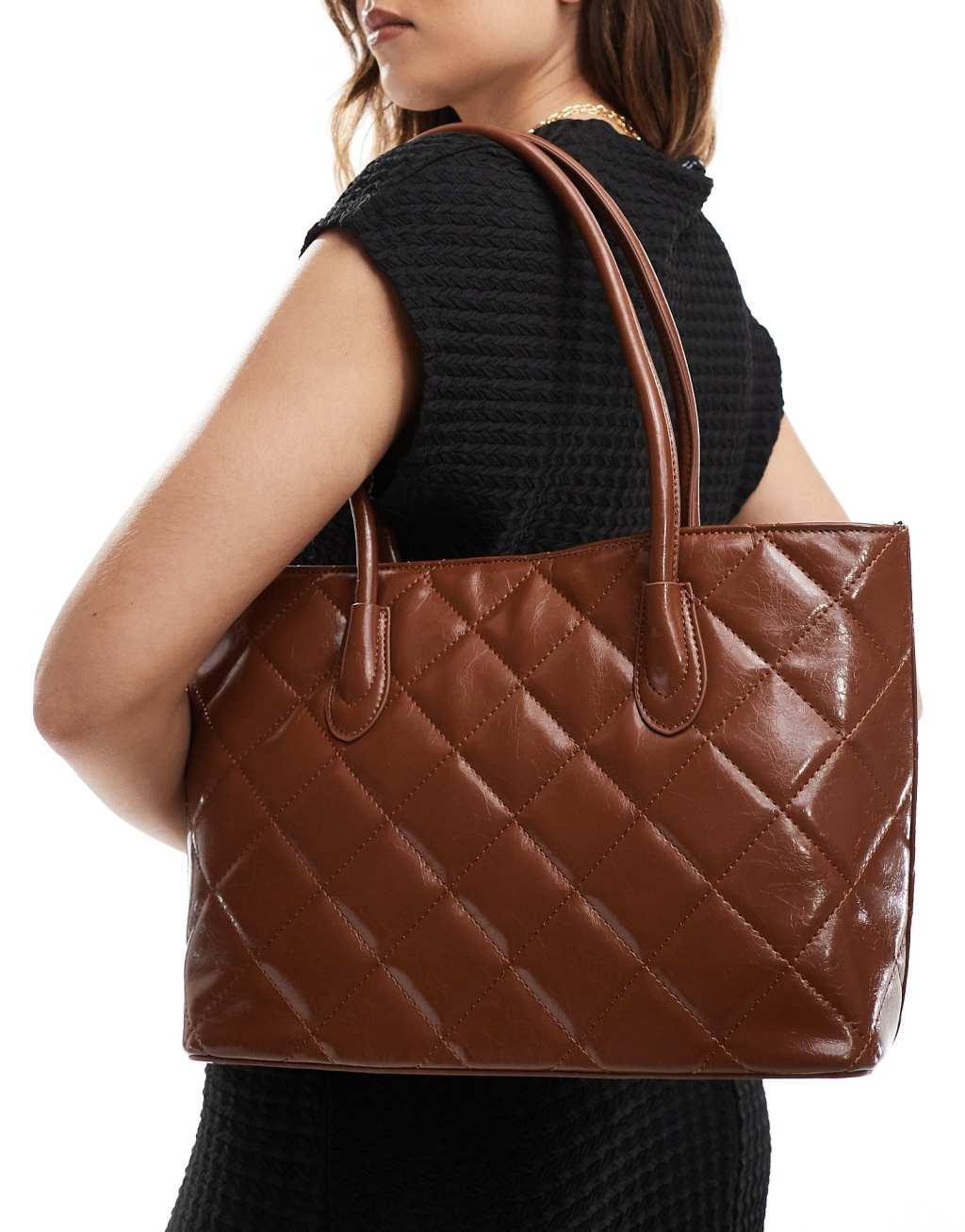 Glamorous large quilted shoulder bag in brown  Product Image