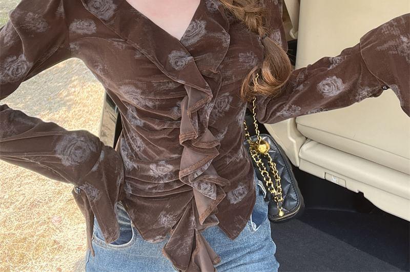 Long Sleeve V-Neck Floral Print Ruffle Top Product Image