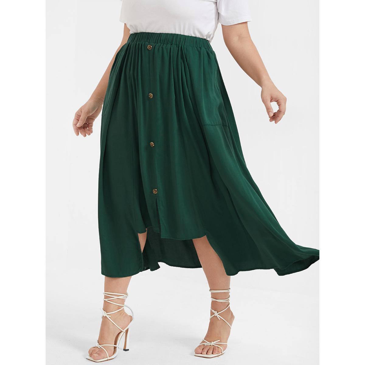 Plus Size Solid Button Ruffled Asymmetrical Hem Pocket Skirt Women ArmyGreen Casual Button No stretch Pocket Dailywear Skirts BloomChic 28/5X Product Image