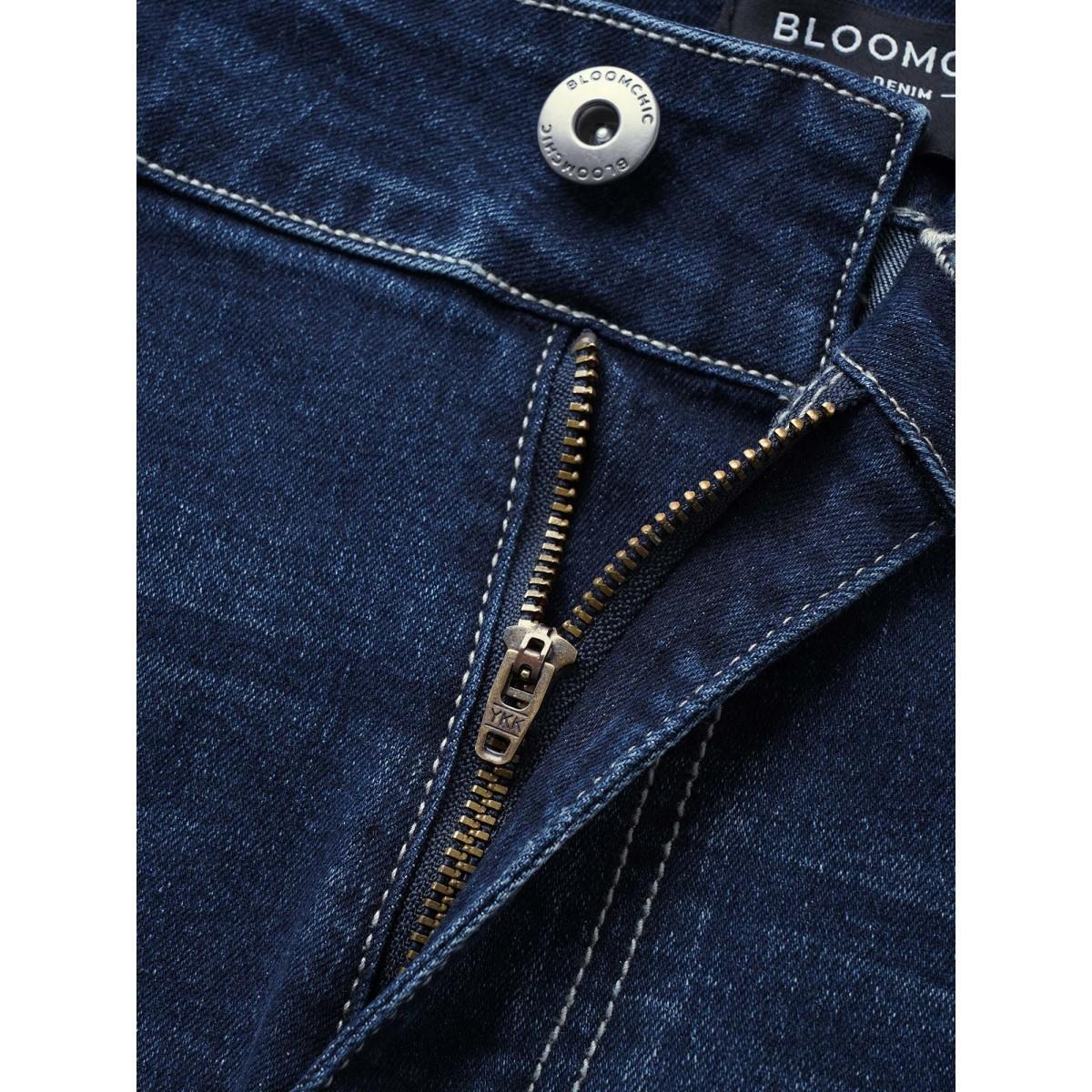 Plus Size Medium Wash Floral Embroidered Denim Shorts Women DarkBlue Embroidered High stretch Everyday Slanted pocket Elegant Denim Shorts BloomChic 18/2X Product Image