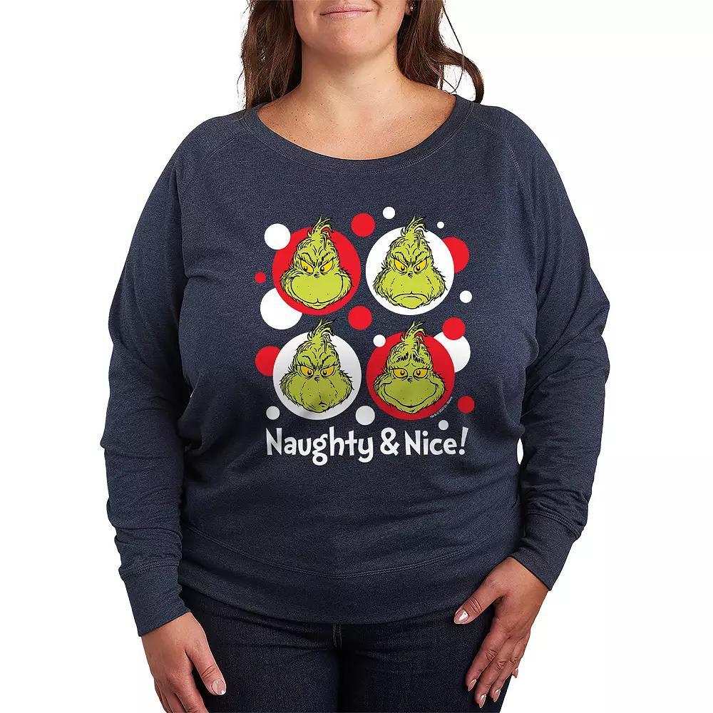 Plus Size Dr. Seuss Grinch Naughty & Nice French Terry Long Sleeve Tee, Womens Grey Indigo Product Image