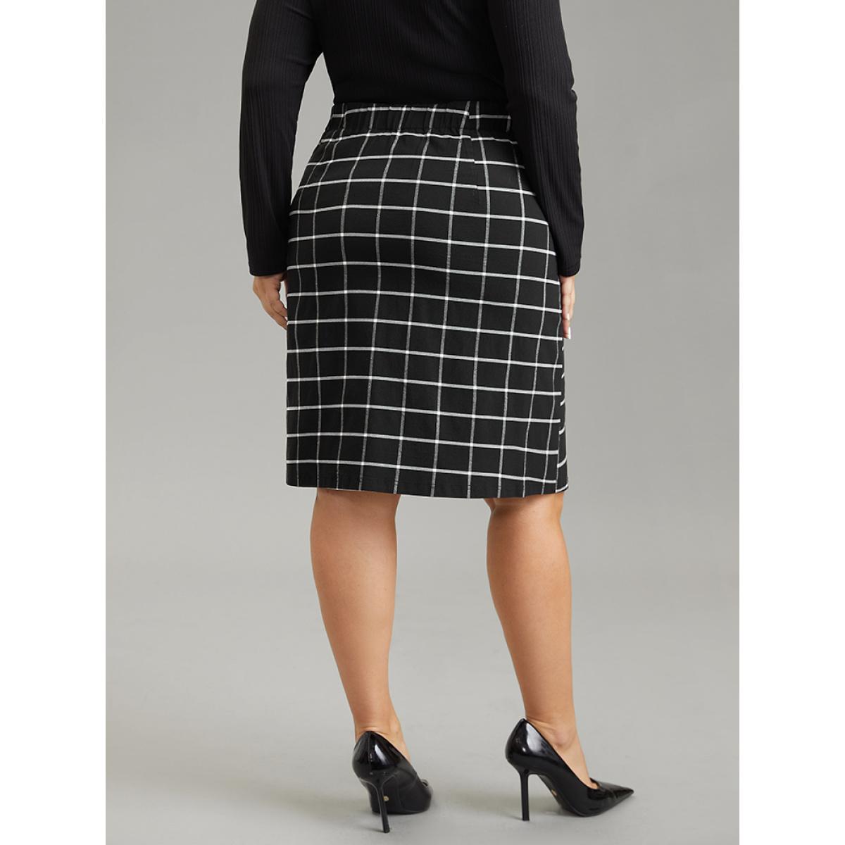 Plus Size Plaid Button Detail Elastic Waist Skirt Women Black Office Elastic Waist Bodycon Low stretch Work Skirts BloomChic 22-24/3X Product Image