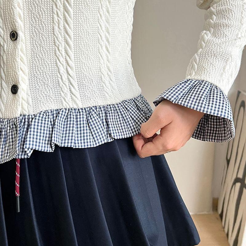 Stand Collar Mock Two-Piece Gingham Panel Bow Accent Button-Up Crop Cardigan Product Image