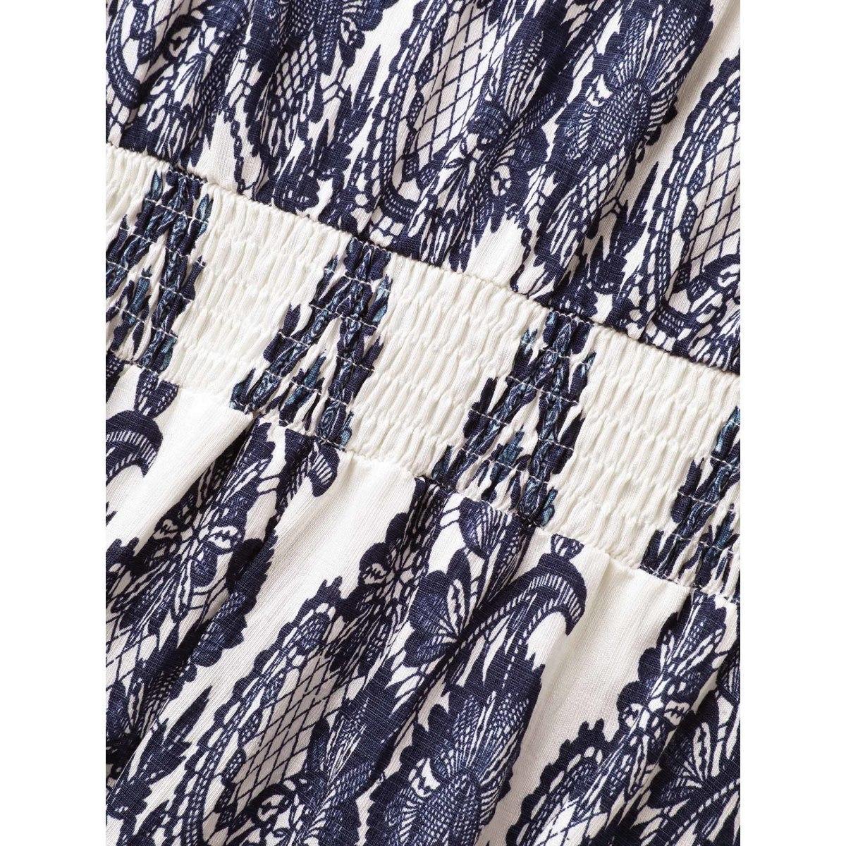 Plus Size Boho Print Shirred Cami Midi Dress DarkBlue Women V-neck Sleeveless Curvy BloomChic 18-20/2X Product Image