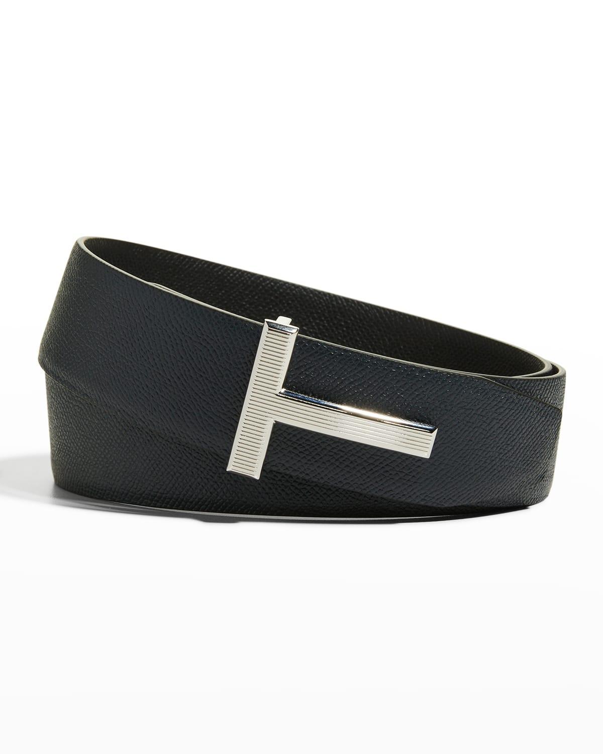 Mens Ridged T-Buckle Reversible Leather Belt Product Image