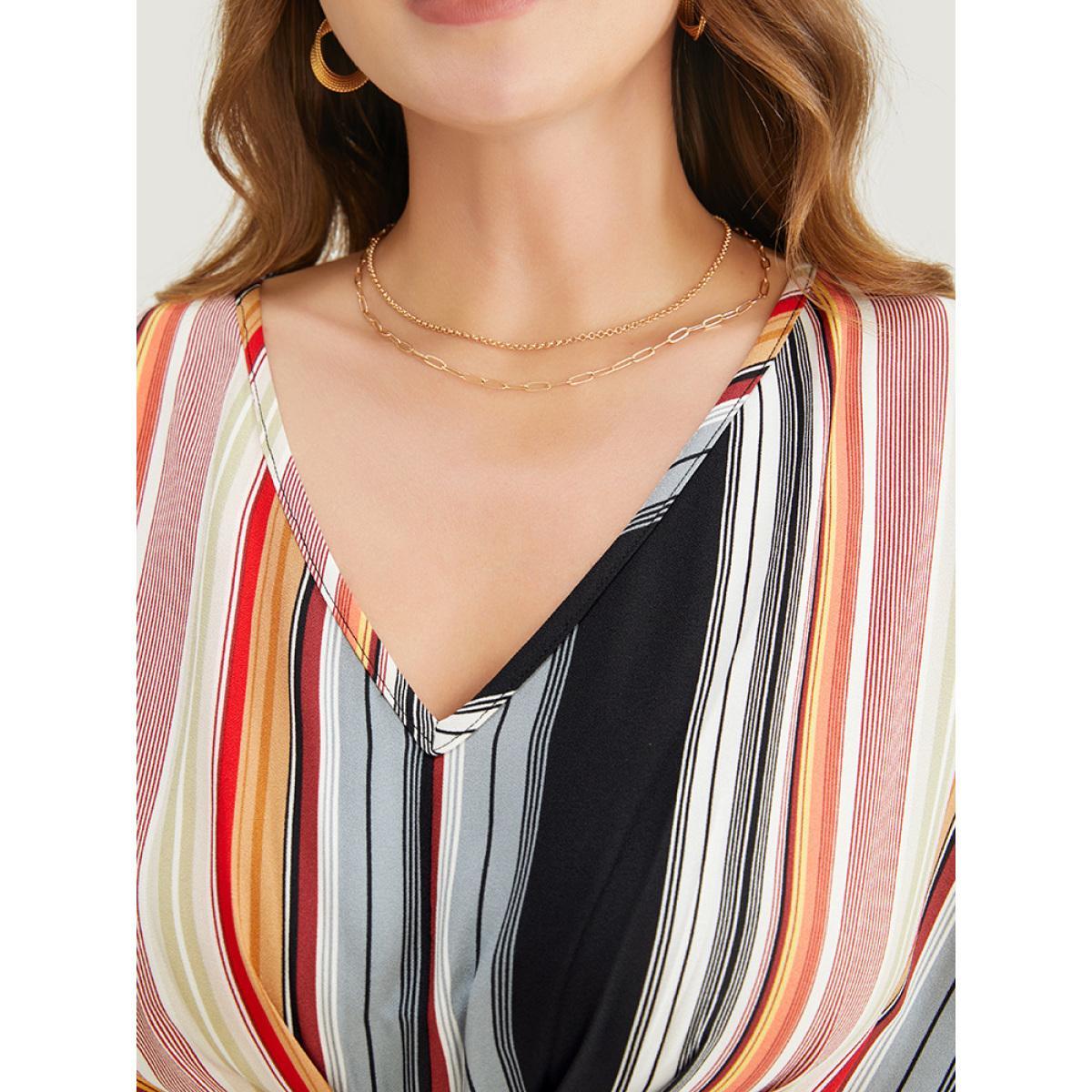 Plus Size Multicolor Striped Contrast Dolman Sleeve Asymmetrical Hem Blouse Women Vacation Short sleeve V-neck Dailywear Blouses BloomChic 28/5X Product Image
