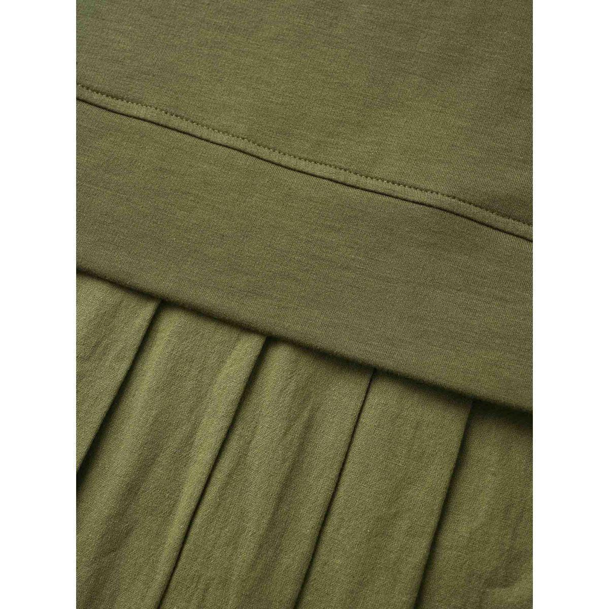 Plus Size Patchwork Pleated Hooded Drawstring Dress ArmyGreen Women Casual Pleated Hooded Long Sleeve Curvy BloomChic 30/6X Product Image