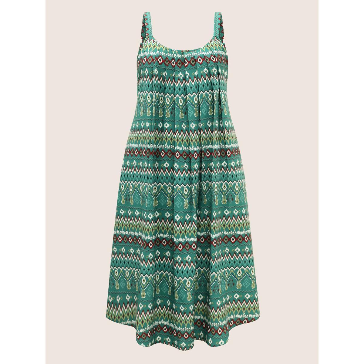 Plus Size Bandana Geometric Pleated Cami Dress Emerald Women Resort Pleated Non Sleeveless Curvy Midi Dress BloomChic 22-24/3X Product Image