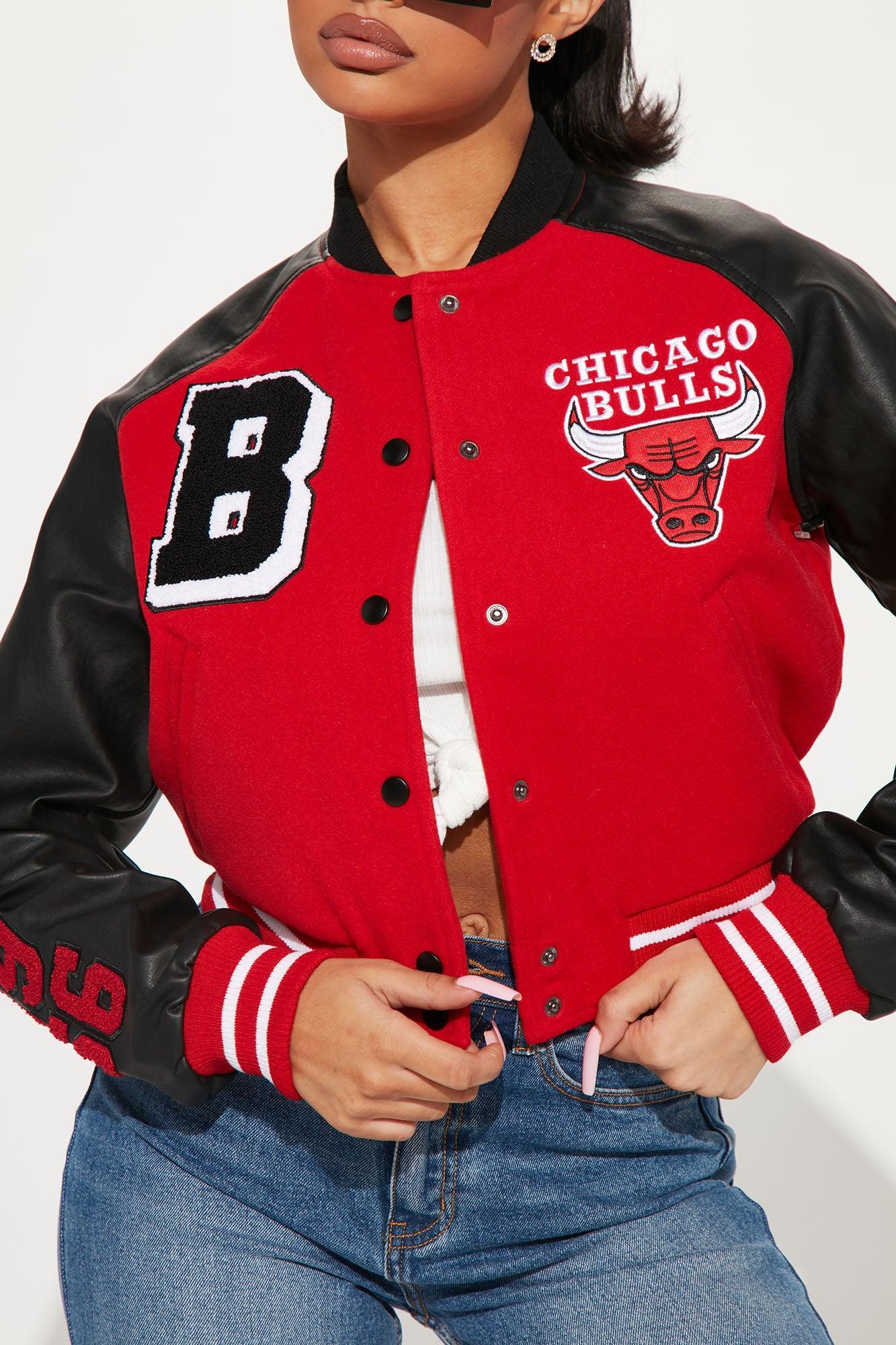 Bulls Cropped Letterman Jacket - Red/Black Product Image