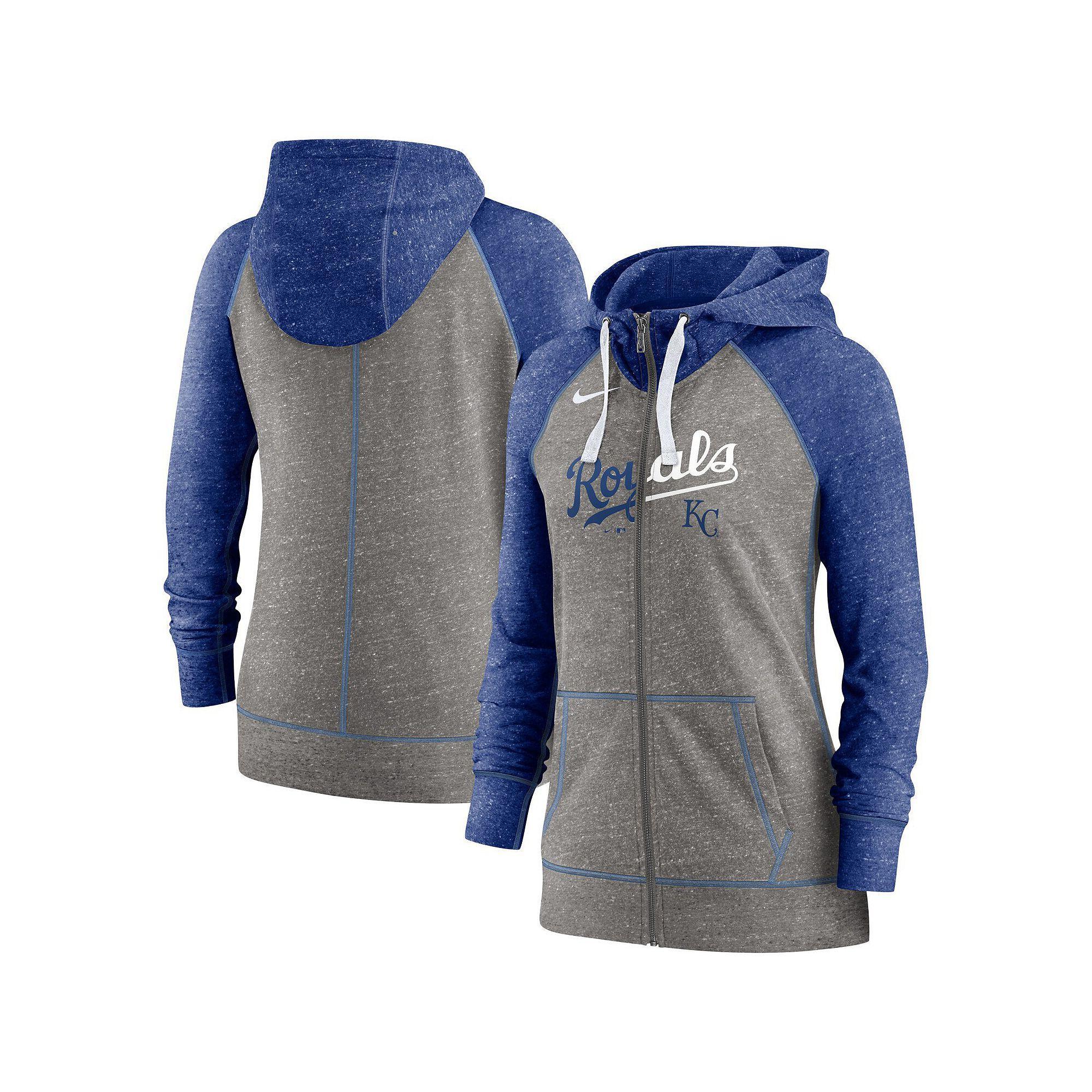 Women's Nike Heathered Charcoal/Royal Kansas City Royals Split Wordmark Gym Vintage Raglan Full-Zip Hoodie, Size: XS Product Image