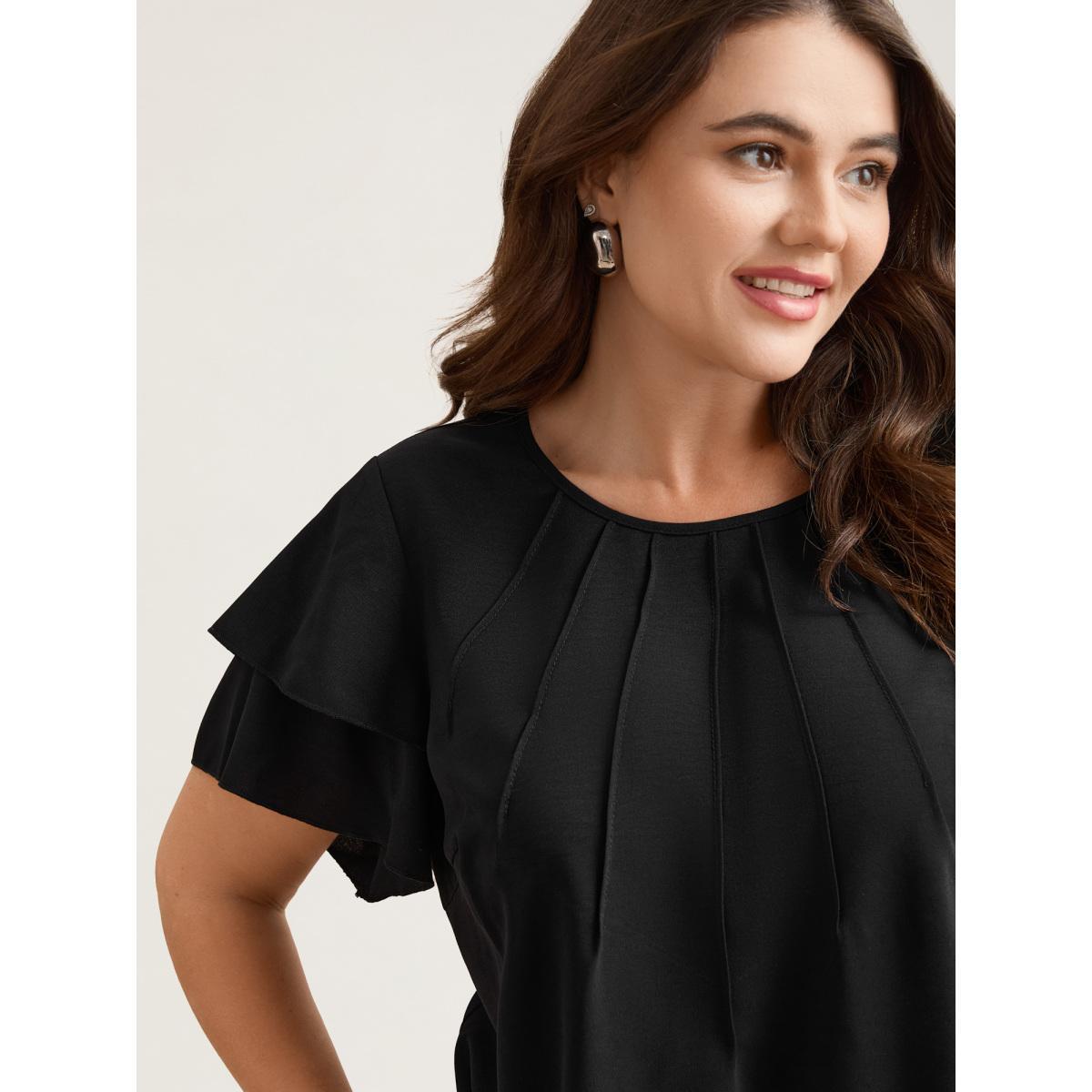 Plus Size Black Toothpick Pleat Layered Flutter Sleeve Blouse Women At the Office Short sleeve Round Neck Work Blouses BloomChic 22-24/3X Product Image