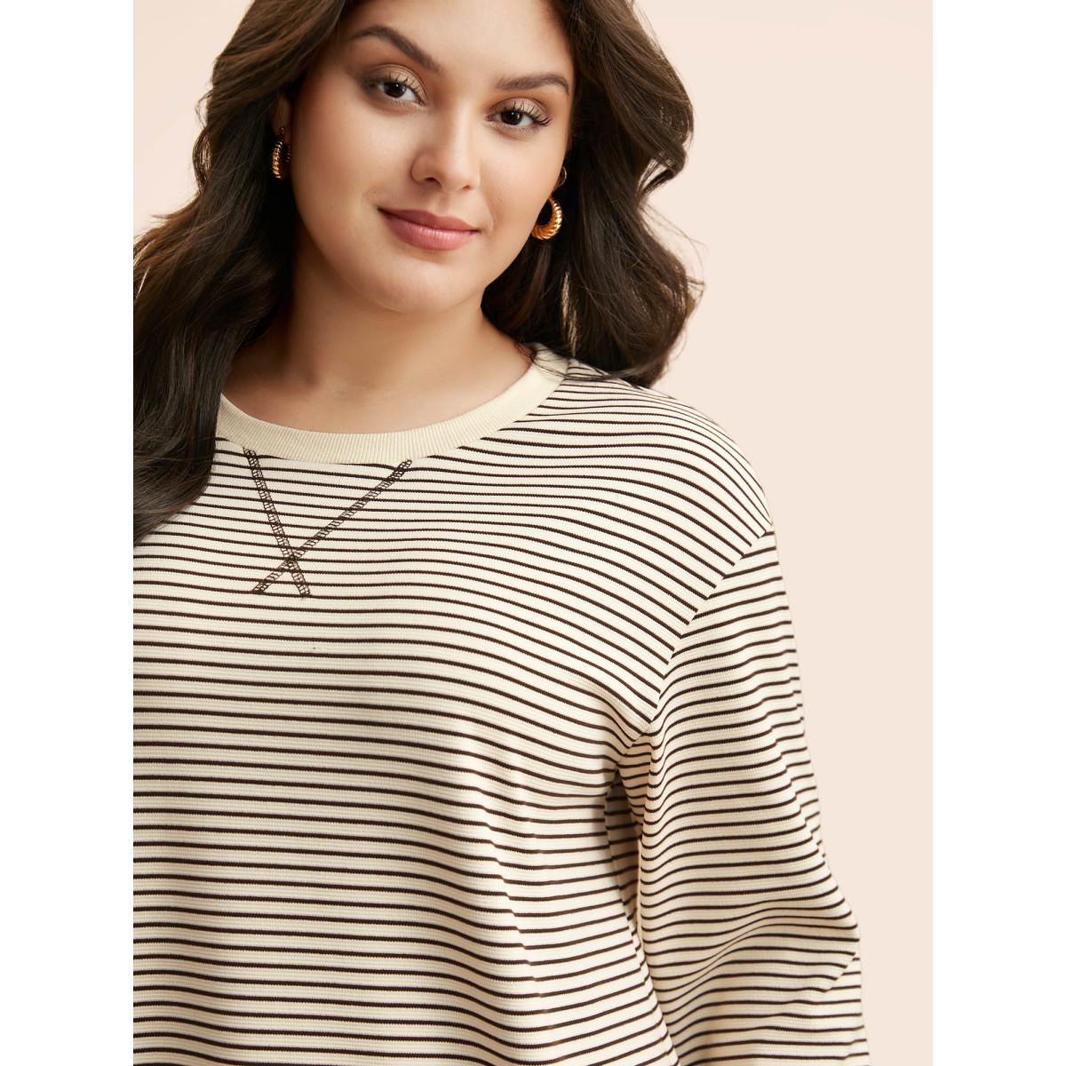 Plus Size Round Neck Striped Stitch Sweatshirt Women DarkBrown Casual Texture Round Neck Everyday Sweatshirts BloomChic 22-24/3X Product Image