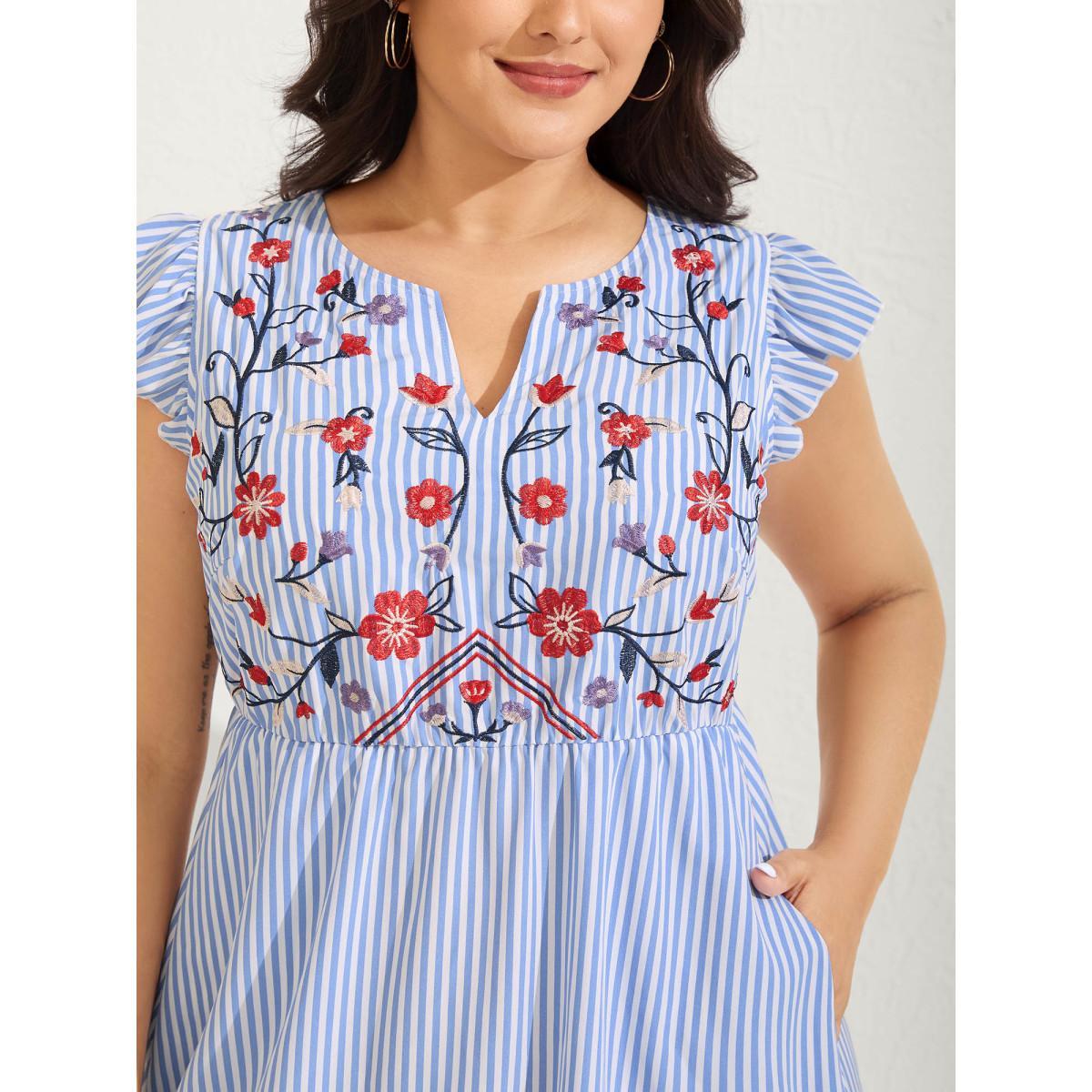 Plus Size Floral Embroidery Stripes Flutter Midi Dress LightBlue Women Notched collar Cap Sleeve Curvy BloomChic 30/6X Product Image