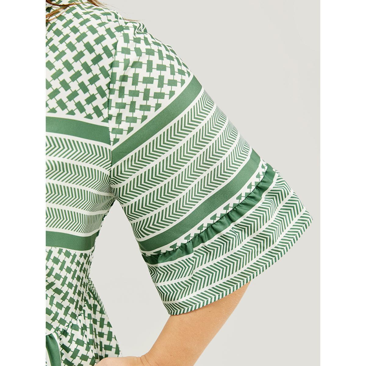 Plus Size Striped Geometric Ruffle Sleeve Patchwork Pocket Flutter Dress Mint Women Vacation Patchwork V-neck Elbow-length sleeve Curvy Midi Dress BloomChic 30/6X Product Image