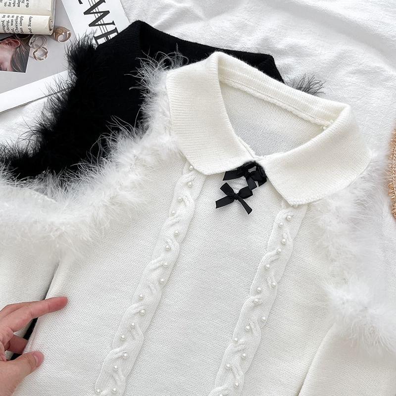 Long-Sleeve Cold Shoulder Fluffy Trim Mini Knit Dress Product Image