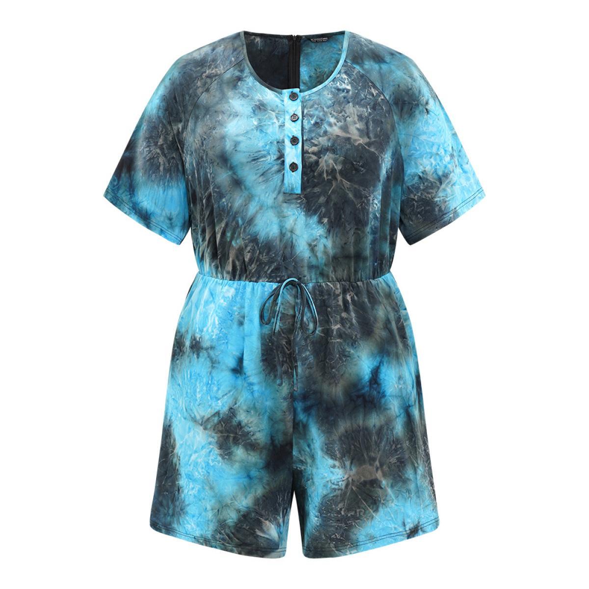 Plus Size Multicolor Tie Dye Button Up Ties Raglan Sleeve Jumpsuit Women Casual Short sleeve Round Neck Dailywear Loose Jumpsuits BloomChic 22-24/3X Product Image