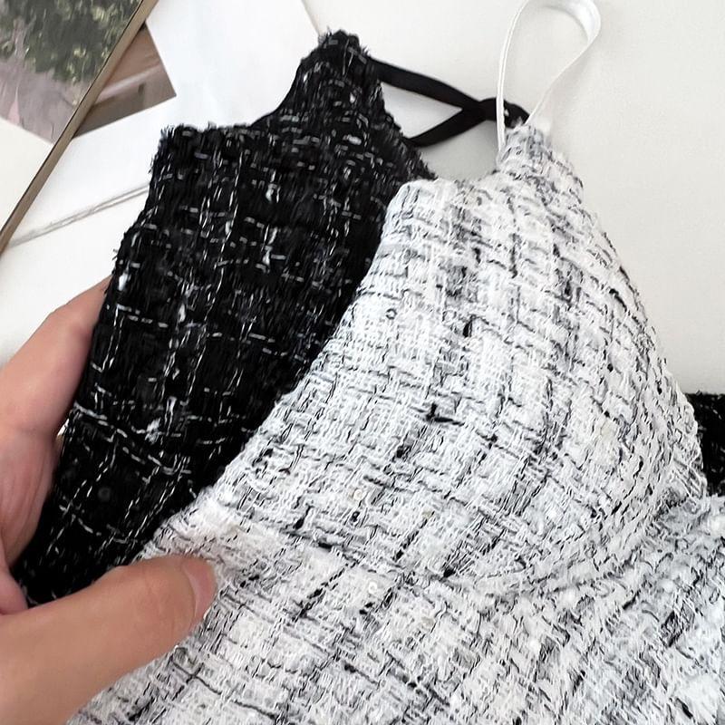 V-Neck Plaid Fluffy Trim Cropped Cami Top Product Image