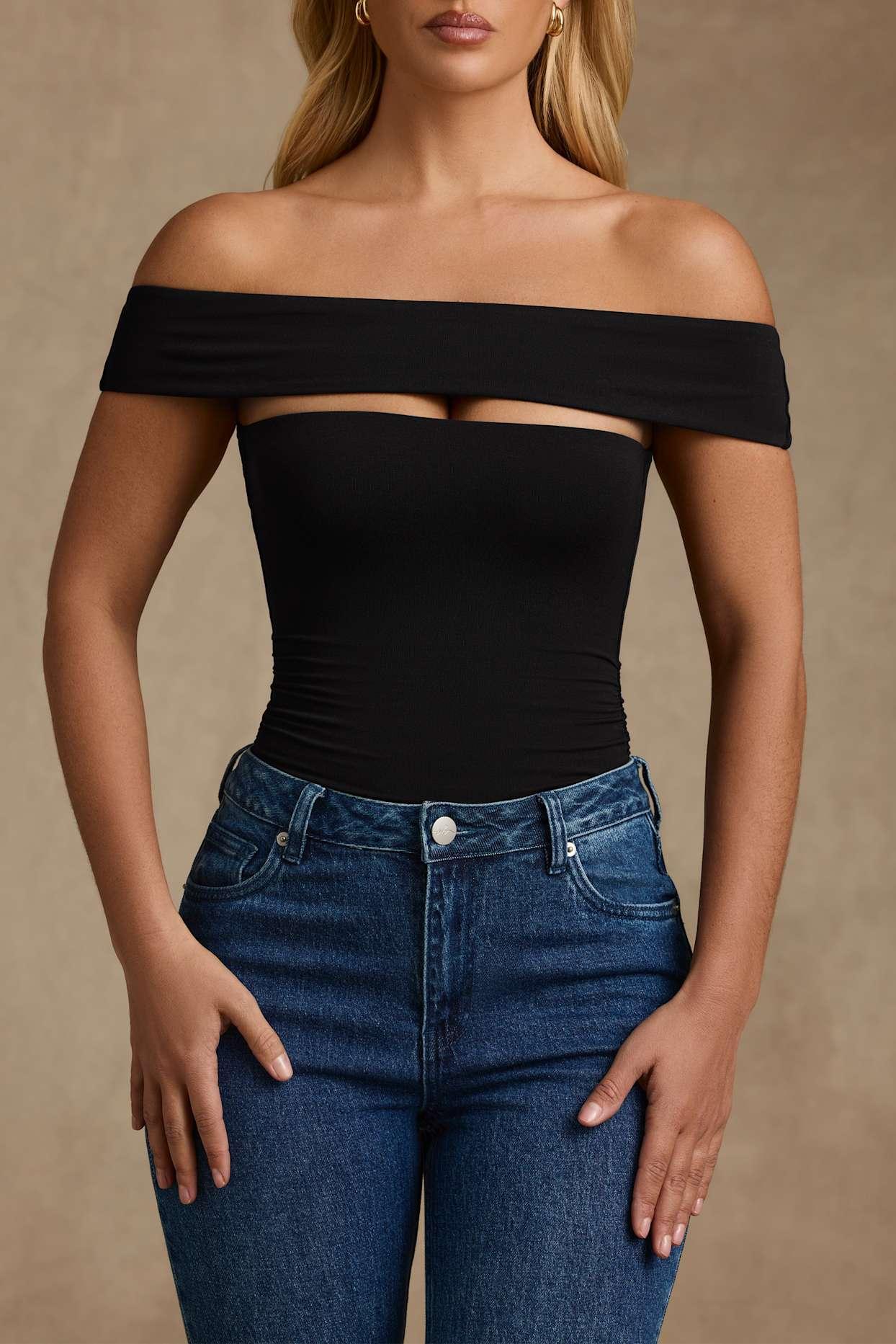 Modal Cut-Out Off-Shoulder Bodysuit in Black Product Image