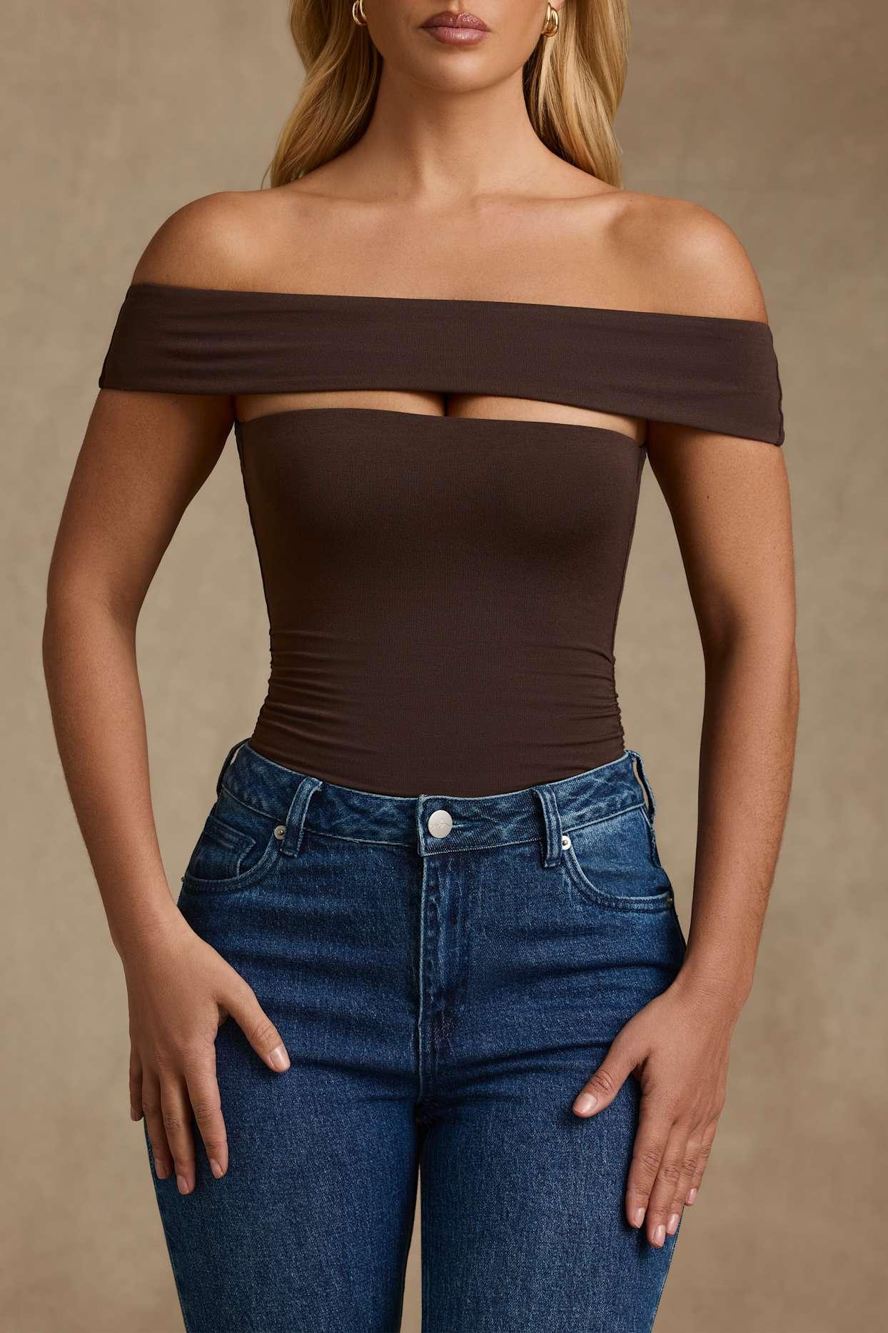 Modal Cut-Out Off-Shoulder Bodysuit in Chocolate Brown Product Image