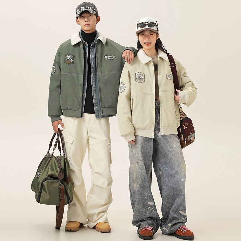 Collared Patched Zip-Up Bomber Jacket Product Image