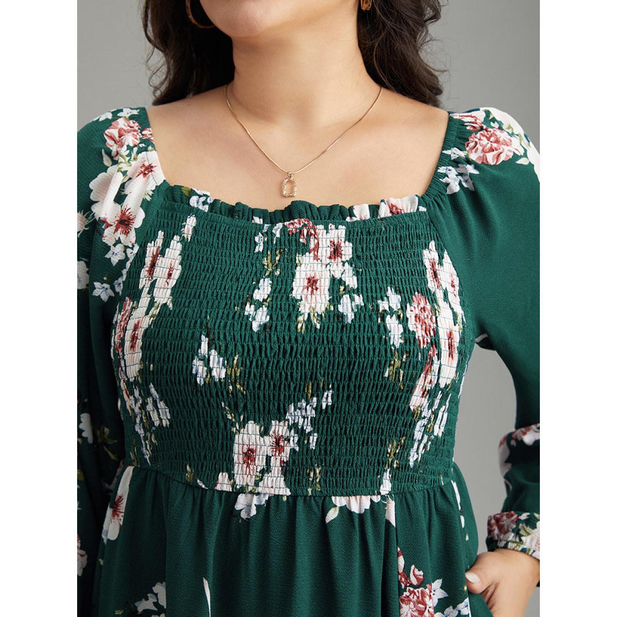 Plus Size Floral Print Split Hem Pocket Shirred Dress DarkGreen Women Elegant Elastic cuffs Square Neck Long Sleeve Curvy Midi Dress BloomChic 28/5X Product Image