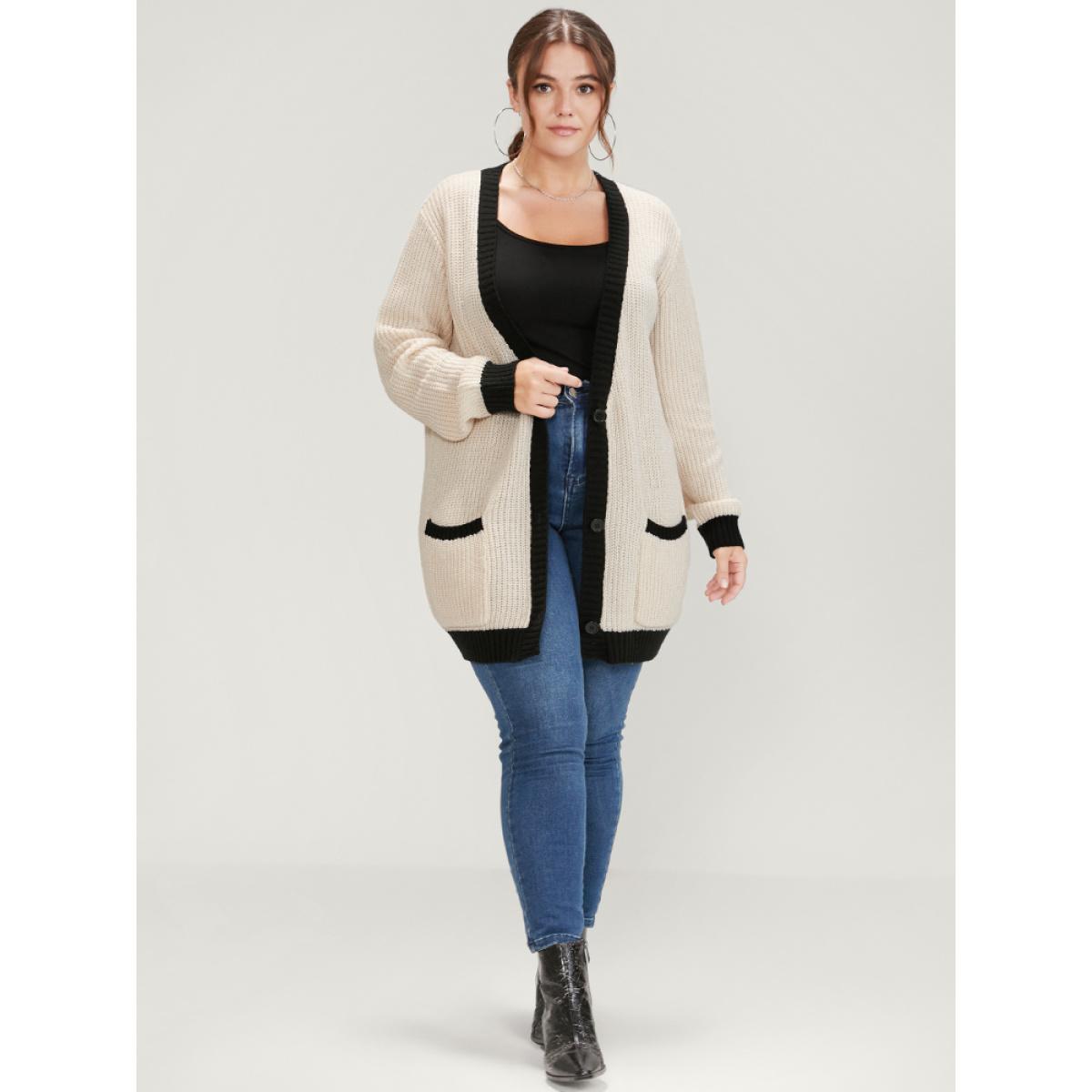 Plus Size Contrast Trim Pointelle Knit Pocket Button Front Cardigan Beige Women Elegant Loose Long Sleeve Dailywear Cardigans BloomChic 30/6X Product Image