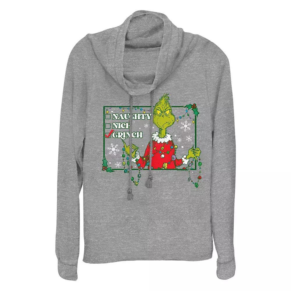 Women's Dr. Seuss Grinch Naughty Or Nice Checklist Cowlneck Graphic Lightweight Long Sleeve, Size: Small, Gray Grey Product Image