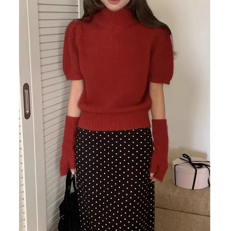 Set: Short-Sleeve Mock Neck Plain Knit Top + Long Gloves Product Image