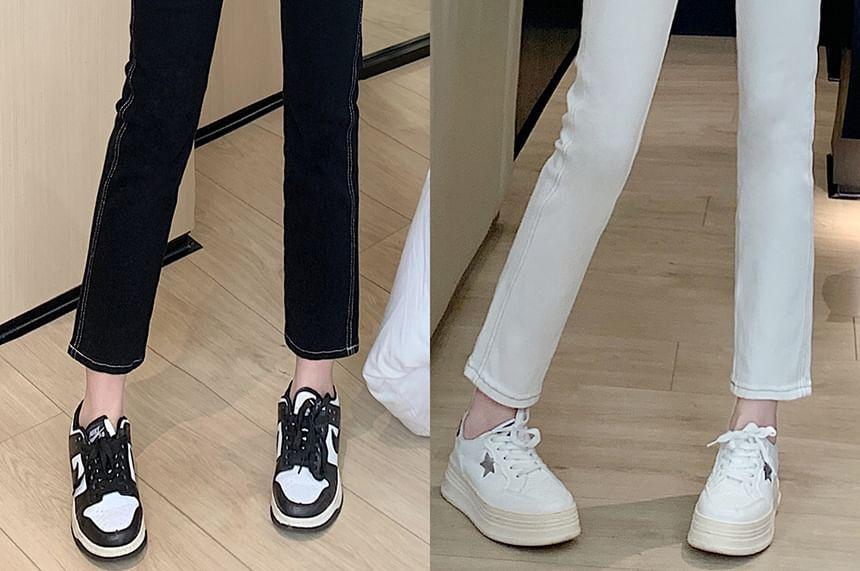 High Rise Contrast Stitching Cropped Skinny Jeans Product Image
