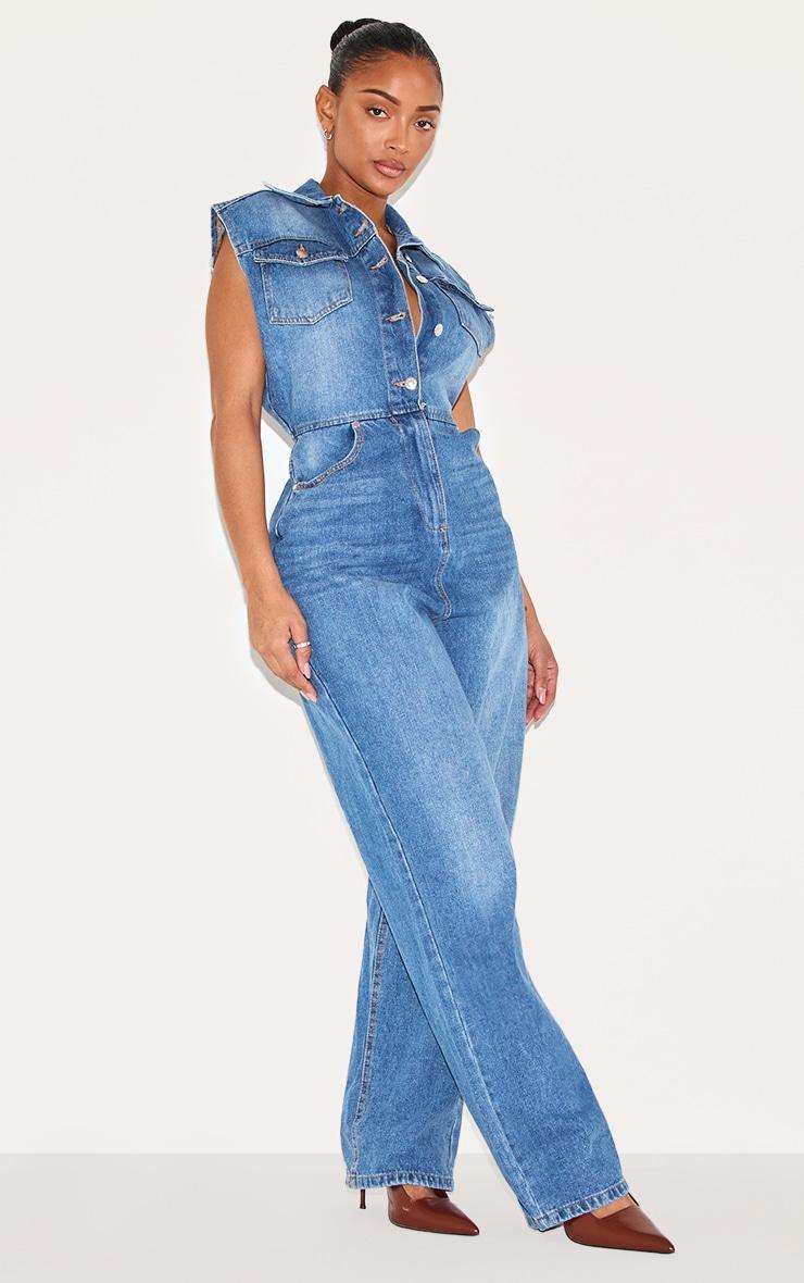 Shape Mid Blue Wash Sleeveless Rigid Denim Jumpsuit Product Image