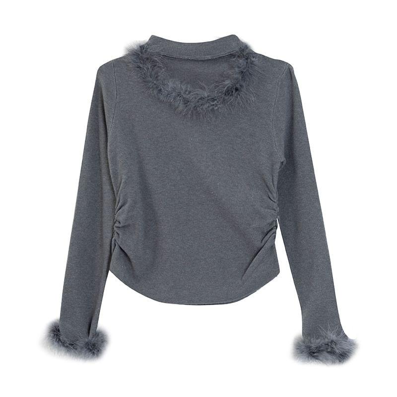Long-Sleeve Crewneck Furry Trim Plain Knit Top Product Image