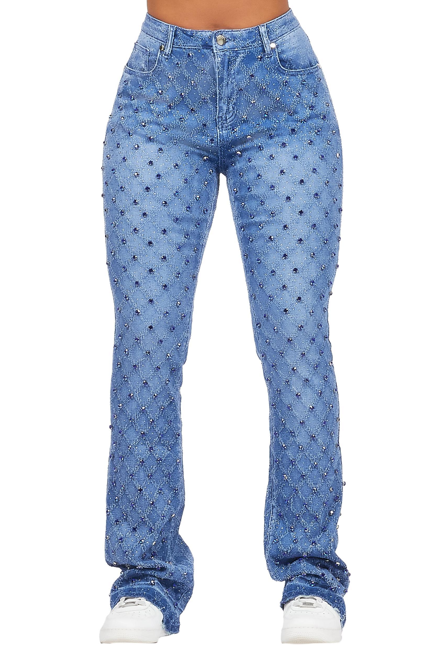 Sareka Royal Blue Rhinestone Stacked Flare Jean Female Product Image