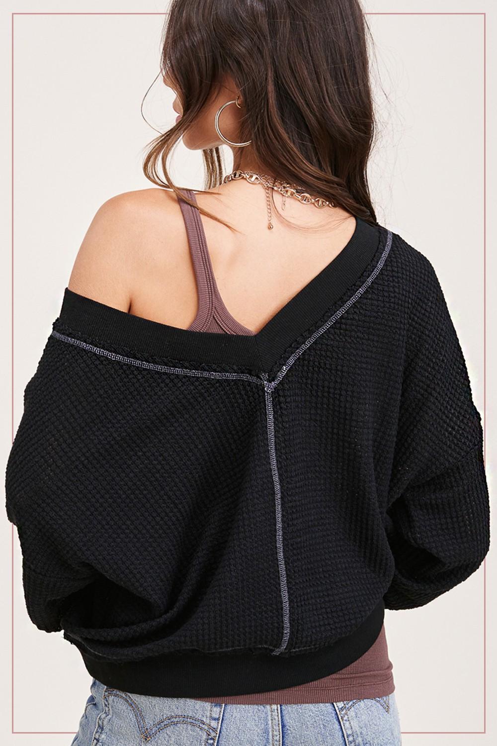 Loose Fit V-neck Waffle Long Sleeve Product Image