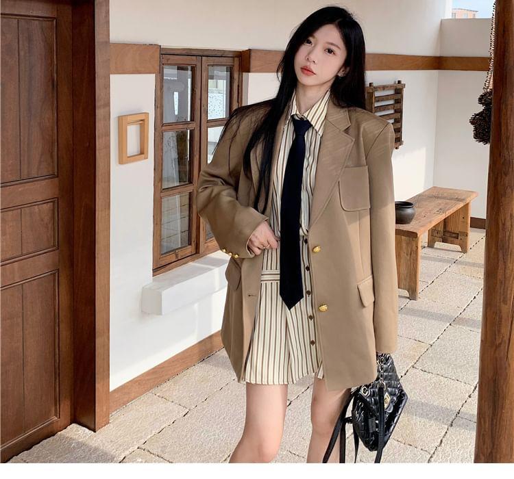 Lapel Collar Plain Single Breasted Blazer / Long-Sleeve Collared Neck Tie Striped Mini Shirt Dress Product Image