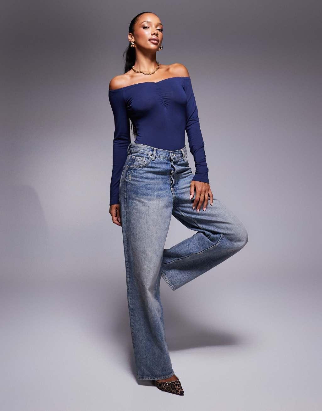 ASOS DESIGN ruched front bardot bodysuit in navy Product Image