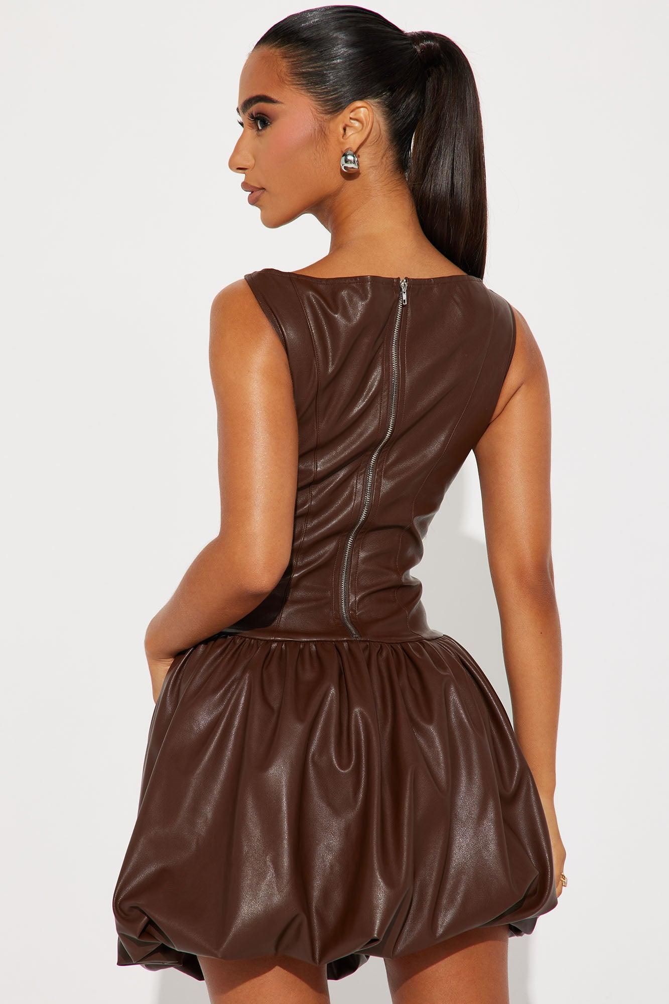 Kaia Faux Leather Bubble Mini Dress - Brown Product Image