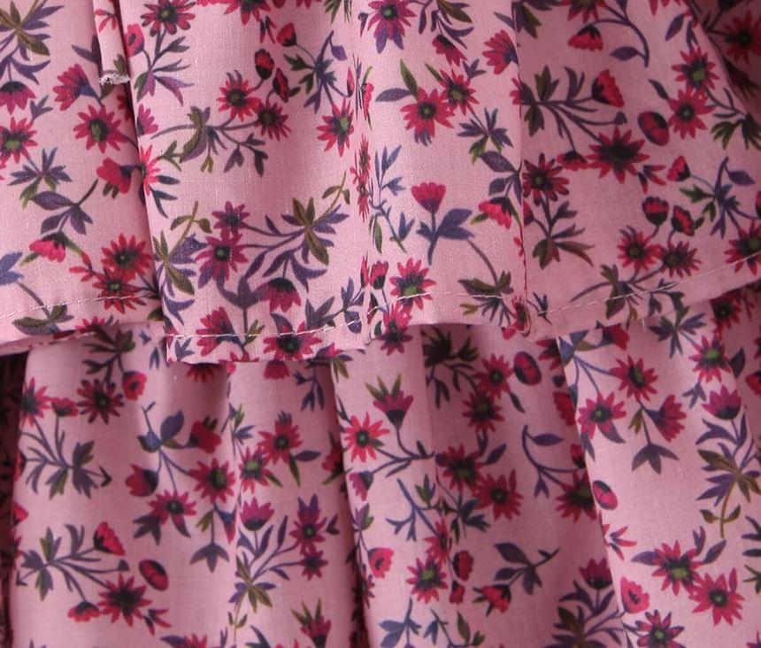 Long-Sleeve Floral Tiered Mini A-Line Dress Product Image