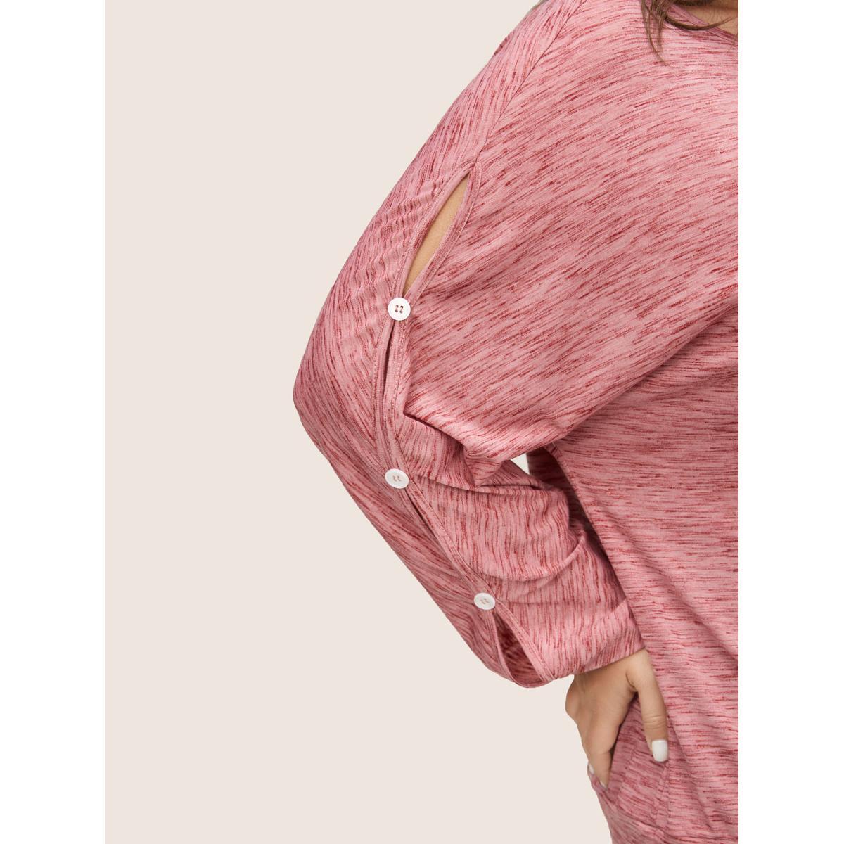 Plus Size Heather Button Detail Dolman Sleeve T-shirt Rouge Women Casual Non Plain Round Neck Everyday T-shirts BloomChic 12/L Product Image
