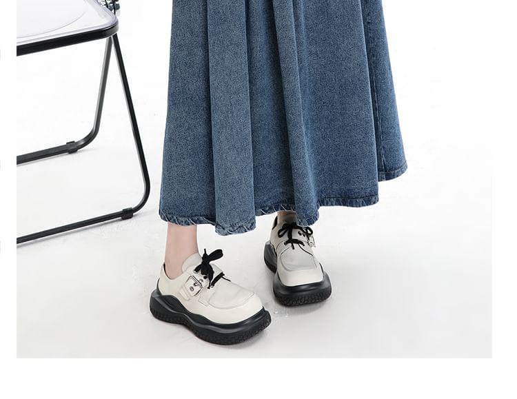 High Waist Washed Pleated Midi A-Line Denim Skirt Product Image