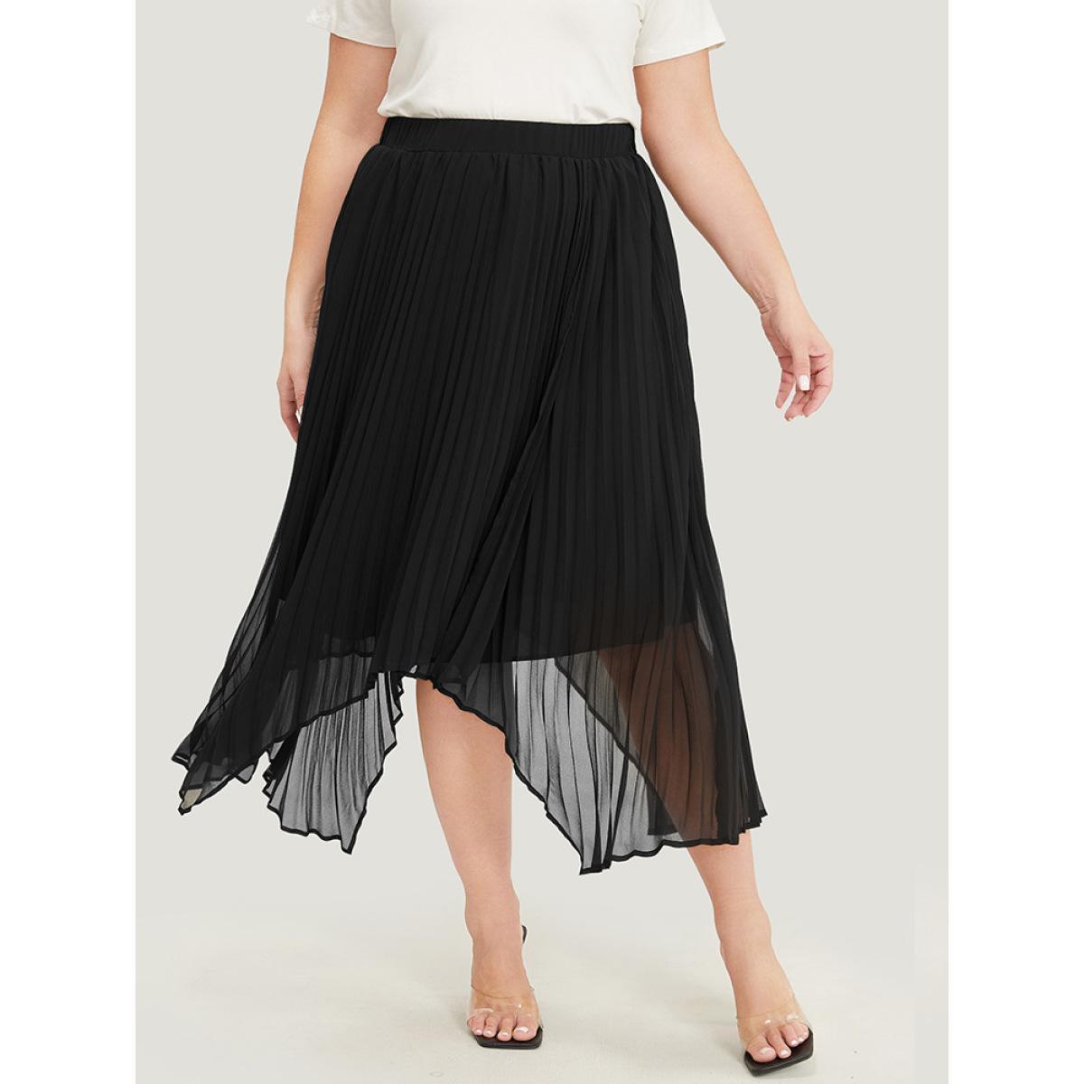 Plus Size Solid Mesh Pleated Detail Hanky Hem Skirt Women Black Elegant See through No stretch Dailywear Skirts BloomChic 28/5X Product Image