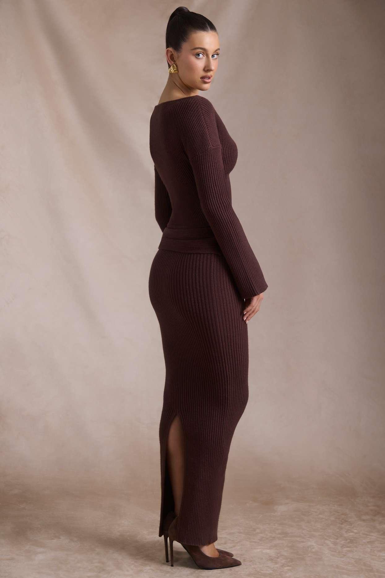 Ribbed-Knit Foldover Maxi Skirt in Espresso Product Image