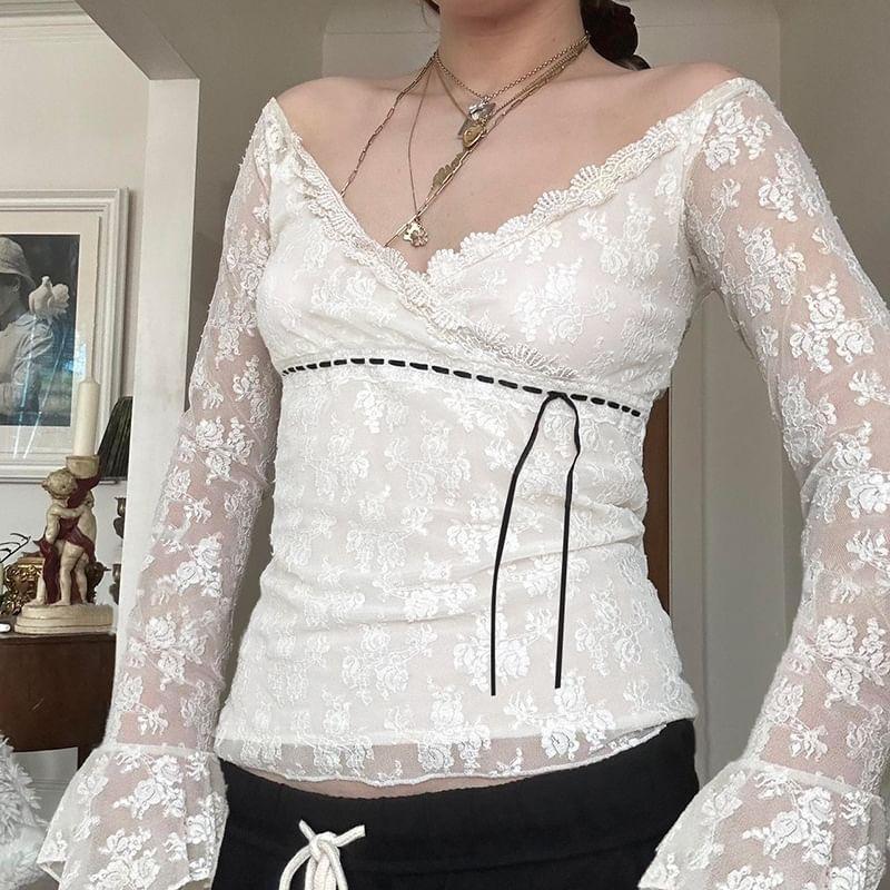 Bell Sleeve V-Neck Floral Embroidered Lace Panel See-Through Slim-Fit Top Product Image