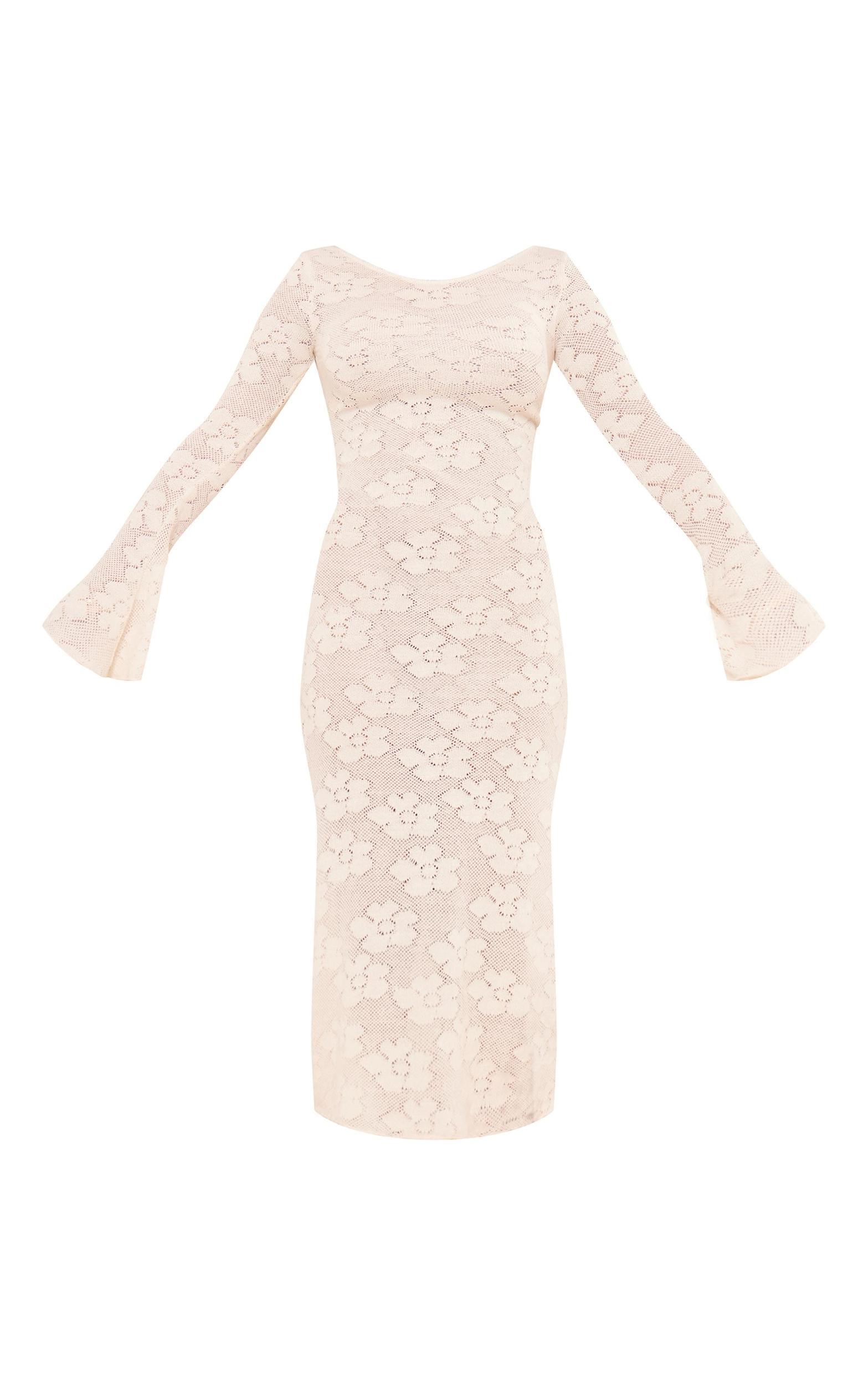 Cream Textured Floral Lace Up Back Flared Sleeve Midi Dress Product Image