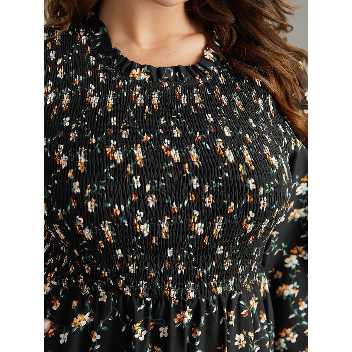 Plus Size Ditsy Floral Frill Trim Shirred Dress Black Women Elegant Elastic cuffs Mock Neck Long Sleeve Curvy Midi Dress BloomChic 26/4X Product Image