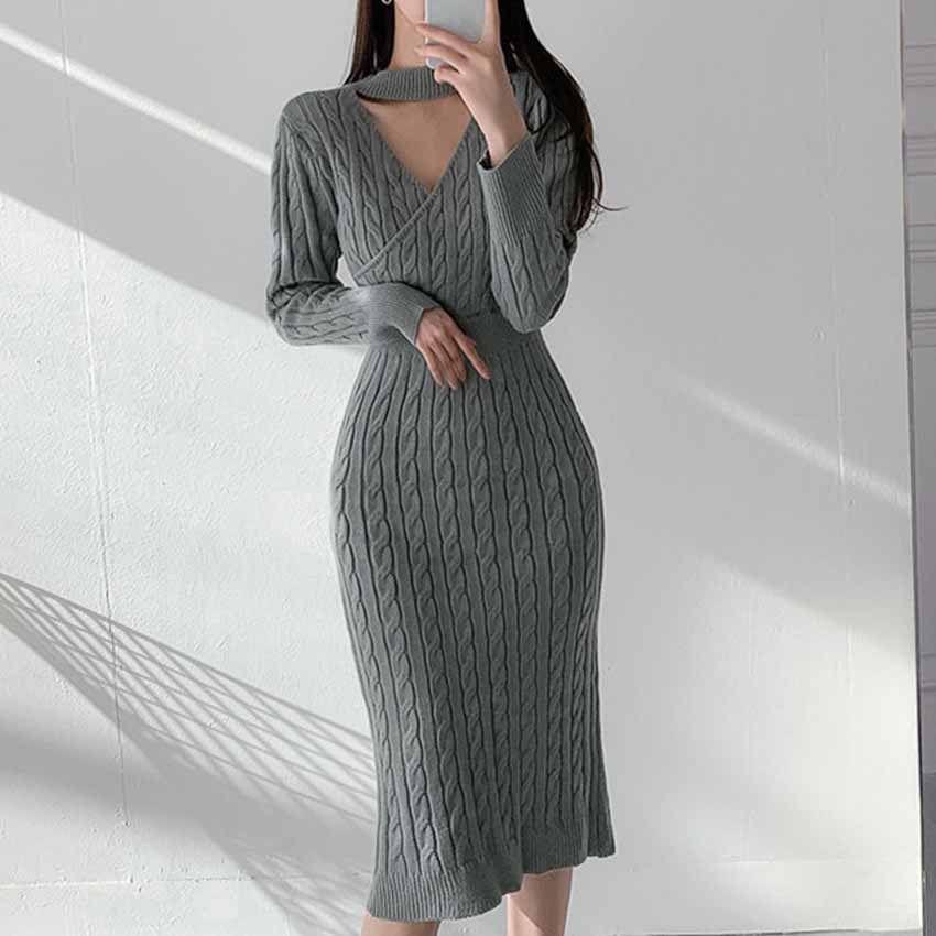 Long-Sleeve Choker-Neck Plain Midi Cable Knit Sweater Dress Product Image
