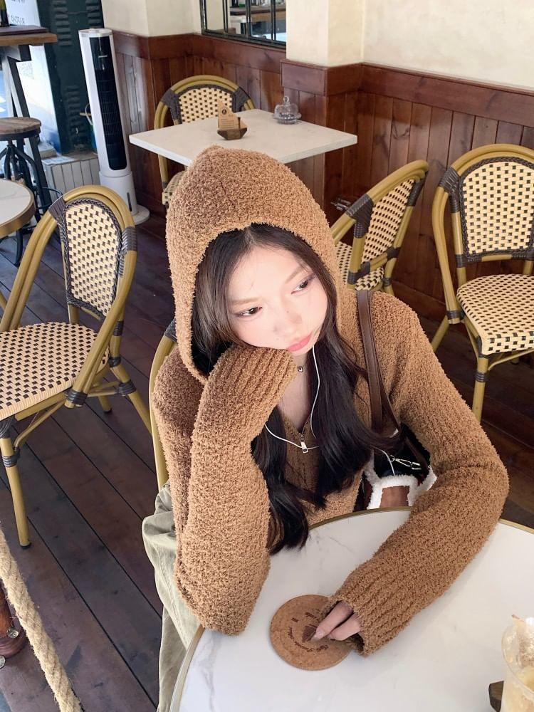 Plain Hooded Cropped Zip Cardigan Product Image