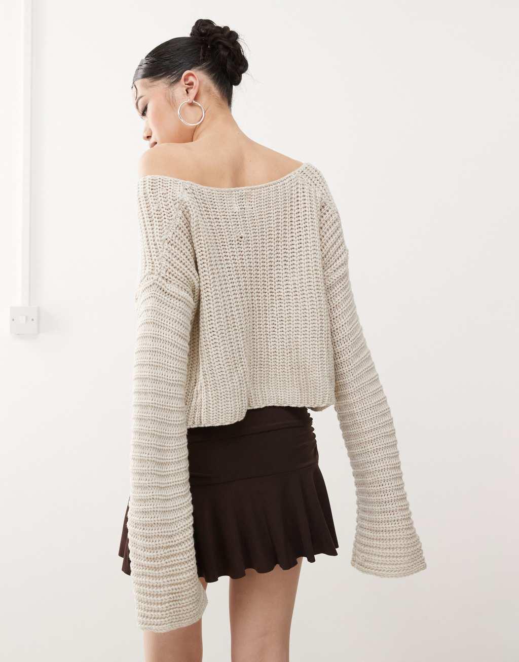 Princess Polly cropped v neck button front bell sleeve knit cardigan in beige Product Image