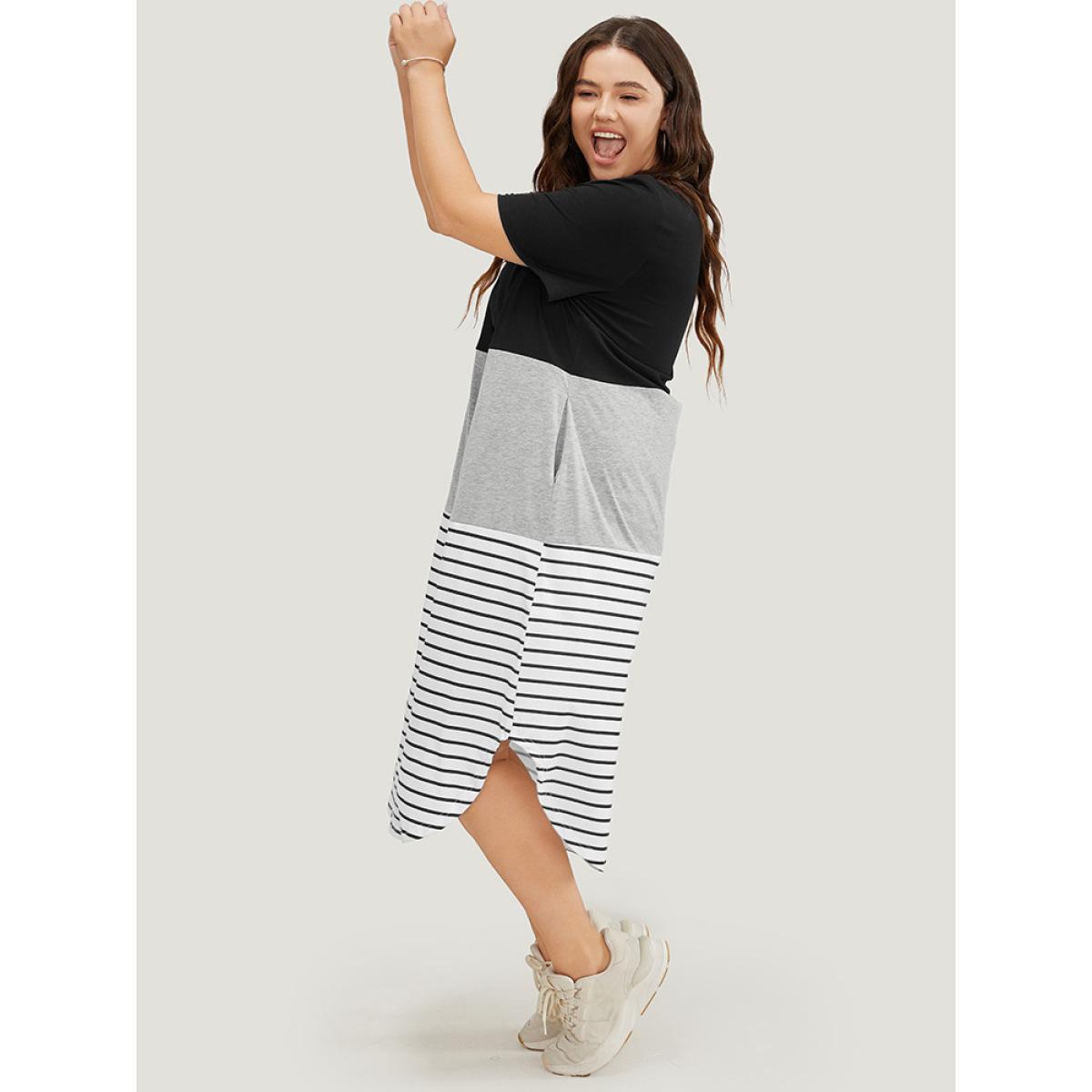 Plus Size Striped Contrast Arc Hem Pocket Crisscross Neck Dress Black Women Casual Contrast V-neck Short sleeve Curvy Midi Dress BloomChic 30/6X Product Image