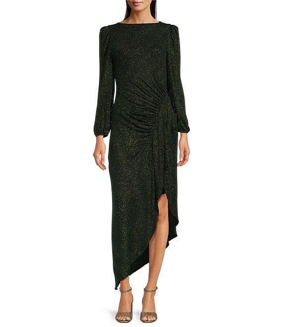 Alex Marie Abigail Two Tone Glitter Lurex High Boat Neck Long Blouson Sleeve Faux Wrap Ruched Asymmetrical Hem Maxi Dress Product Image